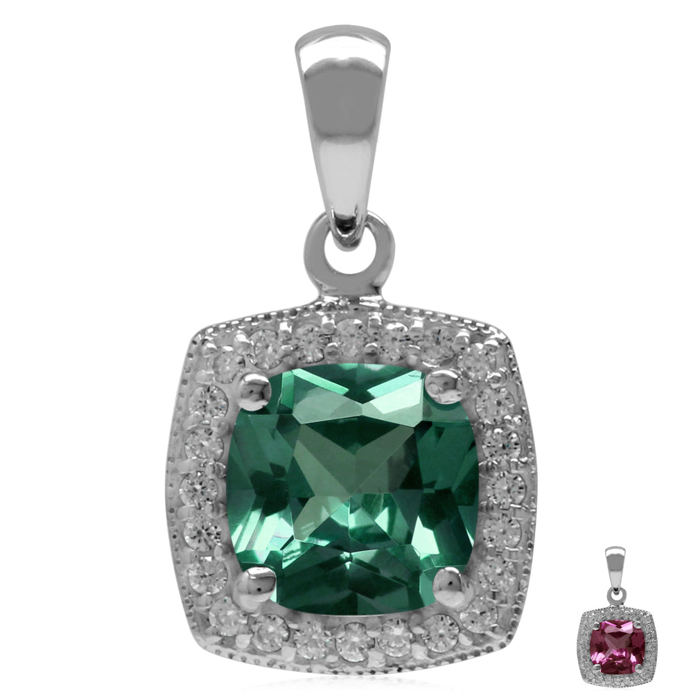Silvershake 8mm Cushion Shape Simulated Color Change Alexandrite 925 Sterling Silver Halo Pendant - Silvershake-store