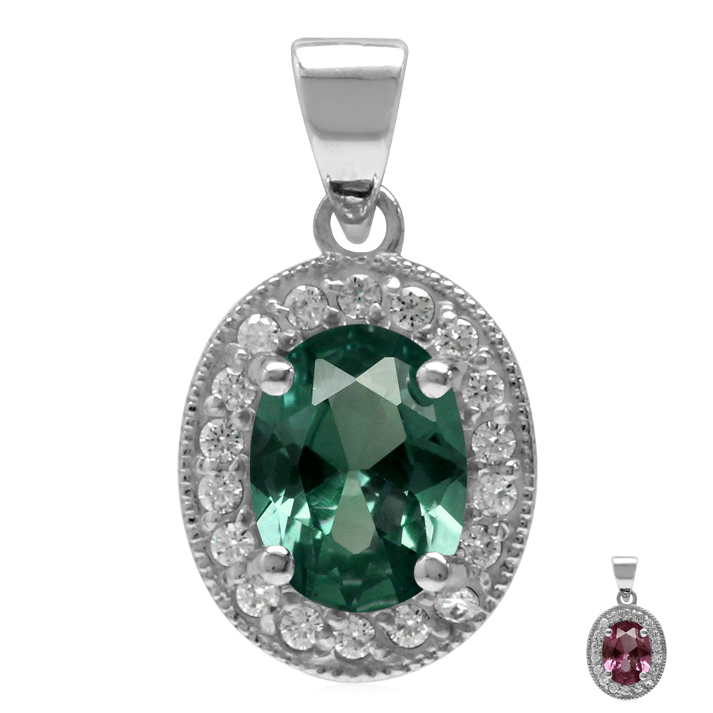 Silvershake 8X6mm Oval Shape Simulated Color Change Alexandrite 925 Sterling Silver Halo Pendant - Silvershake-store