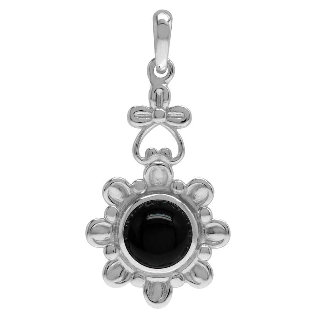 8mm Genuine Round Shape Black Onyx 925 Sterling Silver Flower Solitaire Pendant - Silvershake-store
