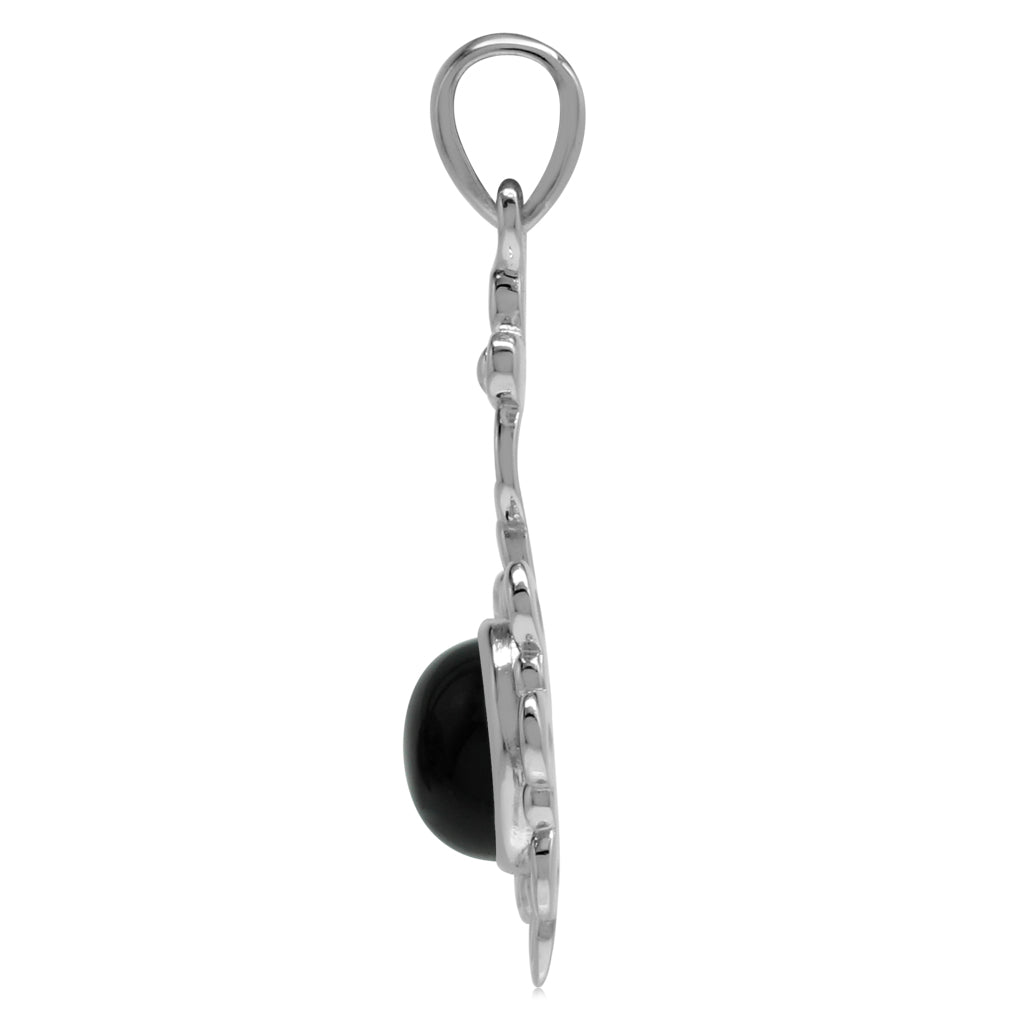 8mm Genuine Round Shape Black Onyx 925 Sterling Silver Flower Solitaire Pendant - Silvershake-store
