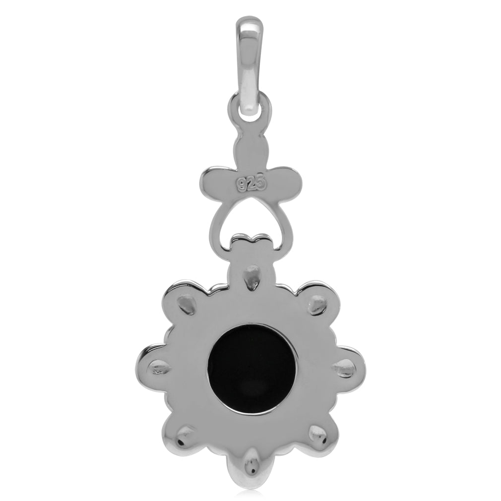 8mm Genuine Round Shape Black Onyx 925 Sterling Silver Flower Solitaire Pendant - Silvershake-store