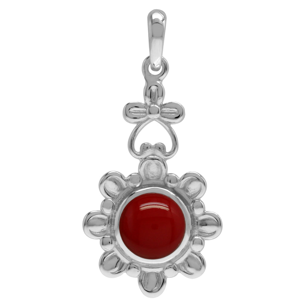 8mm Created Round Shape Red Coral 925 Sterling Silver Flower Solitaire Pendant - Silvershake-store