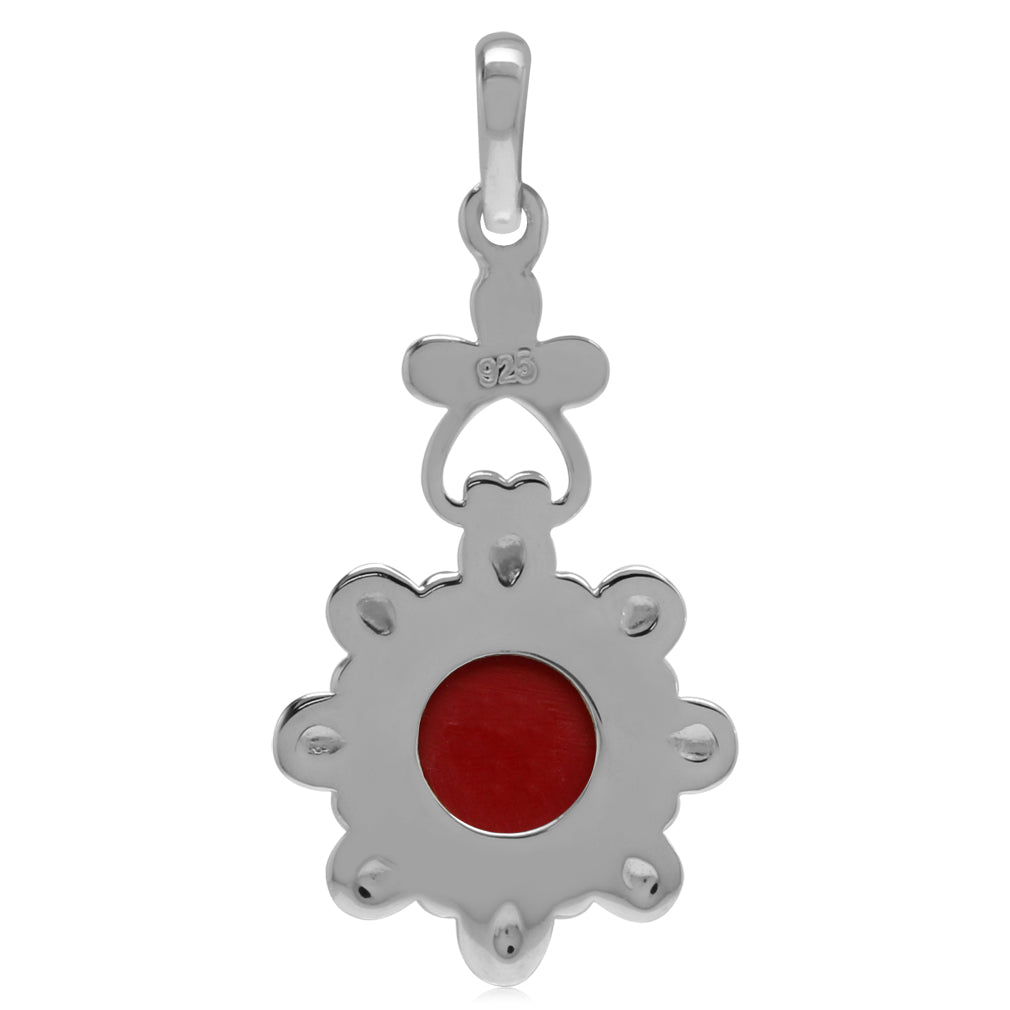 8mm Created Round Shape Red Coral 925 Sterling Silver Flower Solitaire Pendant - Silvershake-store