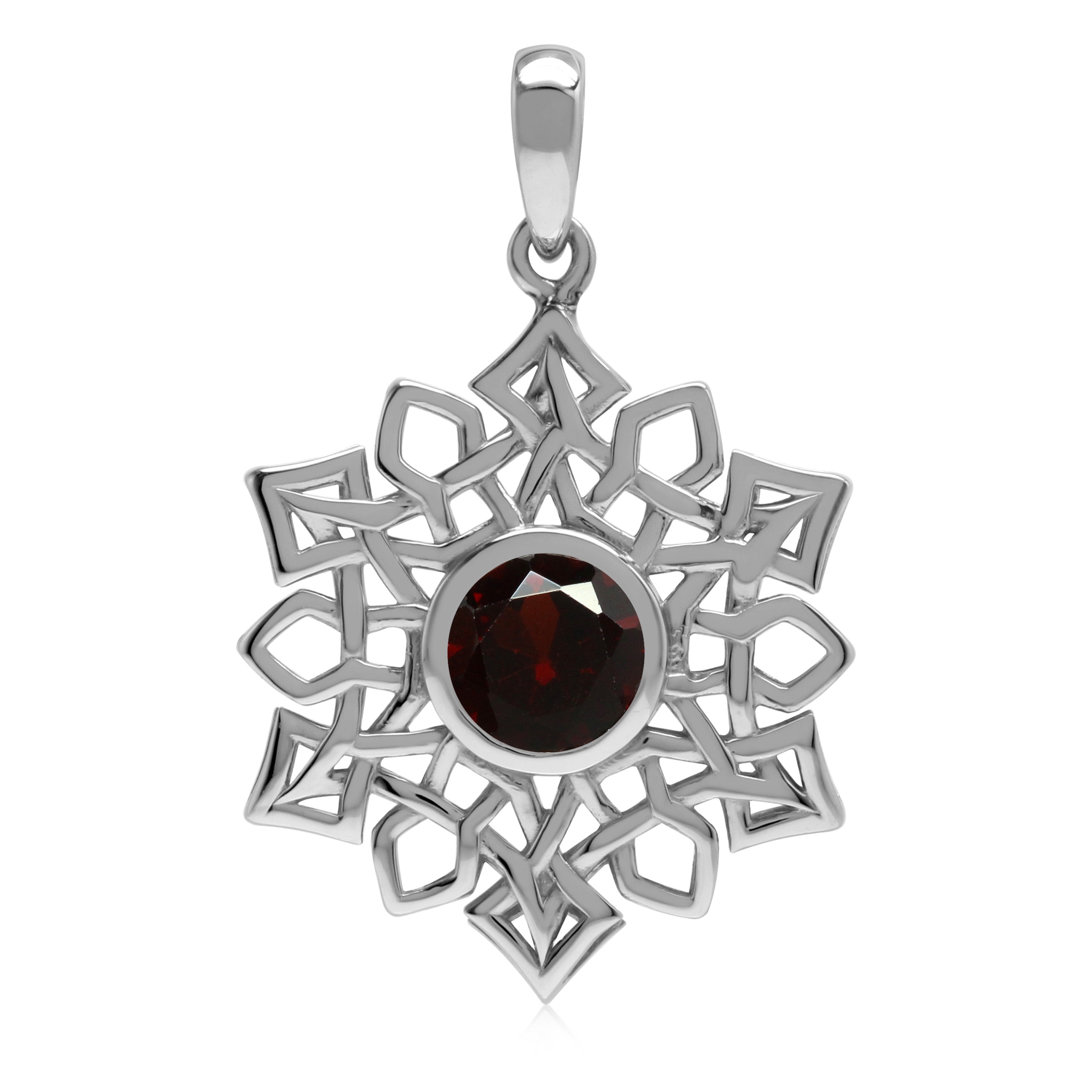 1.5 CT Natural Garnet 925 Sterling Silver Celtic Knot Weave Snowflake Pendant - Silvershake-store