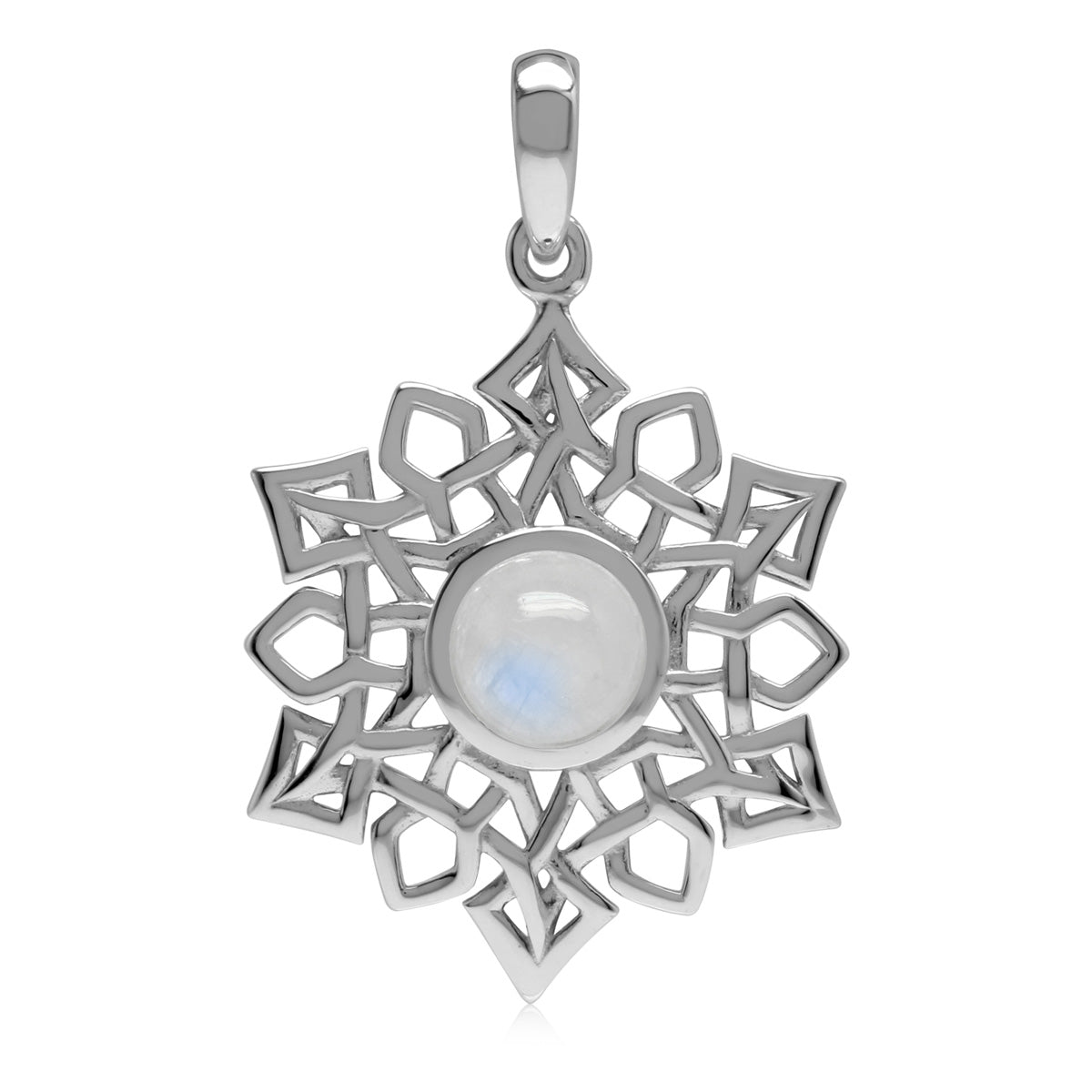 7MM Natural Round Shape Rainbow Moonstone White Gold Plated 925 Sterling Silver Scroll / Filigree Celtic Knot Weave Snowflake Pendant June Gemstone Birthstone - Silvershake-store