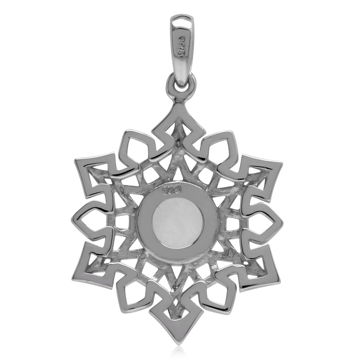 7MM Natural Round Shape Rainbow Moonstone White Gold Plated 925 Sterling Silver Scroll / Filigree Celtic Knot Weave Snowflake Pendant June Gemstone Birthstone - Silvershake-store