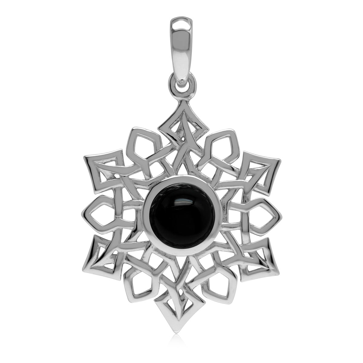 7MM Natural Round Shape Black Onyx White Gold Plated 925 Sterling Silver Scroll / Filigree Celtic Knot Weave Snowflake Gemstone Pendant - Silvershake-store