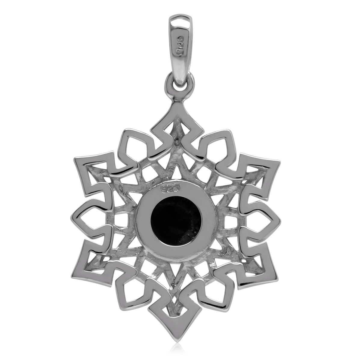 7MM Natural Round Shape Black Onyx White Gold Plated 925 Sterling Silver Scroll / Filigree Celtic Knot Weave Snowflake Gemstone Pendant - Silvershake-store