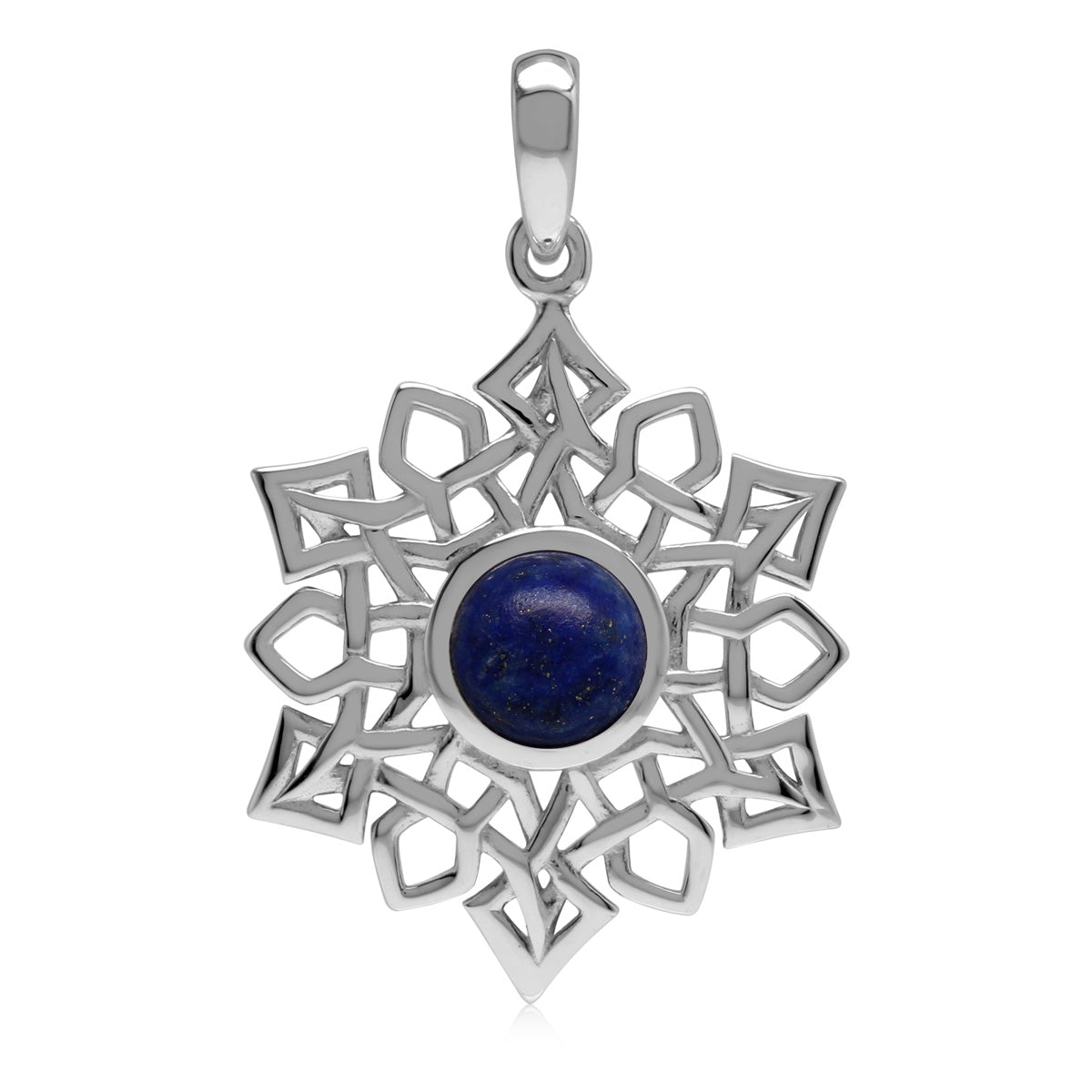 7MM Natural Round Shape Blue Lapis Lazuli White Gold Plated 925 Sterling Silver Scroll / Filigree Celtic Knot Weave Snowflake Gemstone Pendant - Silvershake-store