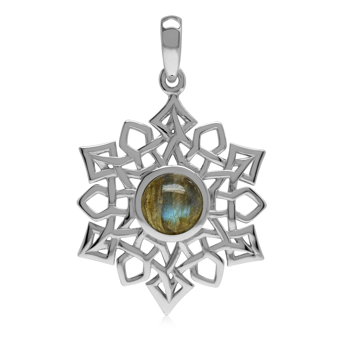 7MM Natural Round Shape Labradorite White Gold Plated 925 Sterling Silver Scroll / Filigree Celtic Knot Weave Snowflake Gemstone Pendant - Silvershake-store