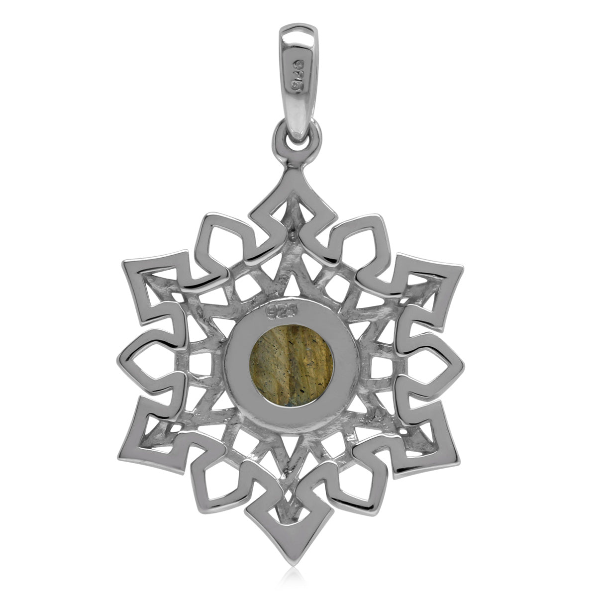 7MM Natural Round Shape Labradorite White Gold Plated 925 Sterling Silver Scroll / Filigree Celtic Knot Weave Snowflake Gemstone Pendant - Silvershake-store
