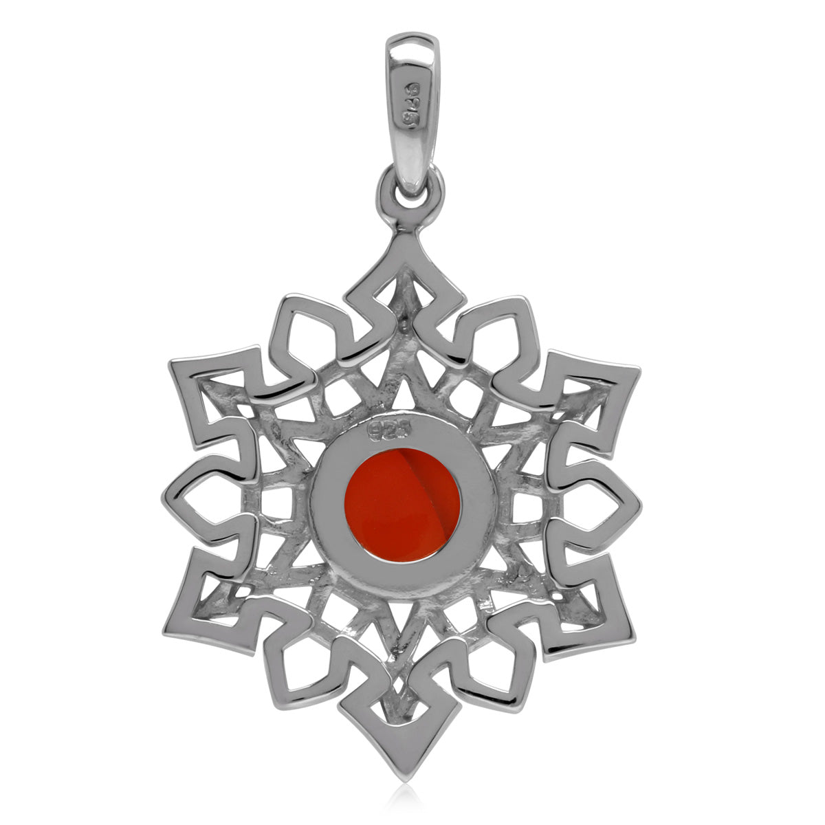 7MM Genuine Round Shape Orange Carnelian White Gold Plated 925 Sterling Silver Scroll / Filigree Celtic Knot Weave Snowflake Gemstone Pendant Virgo Gemstone Birthstone - Silvershake-store