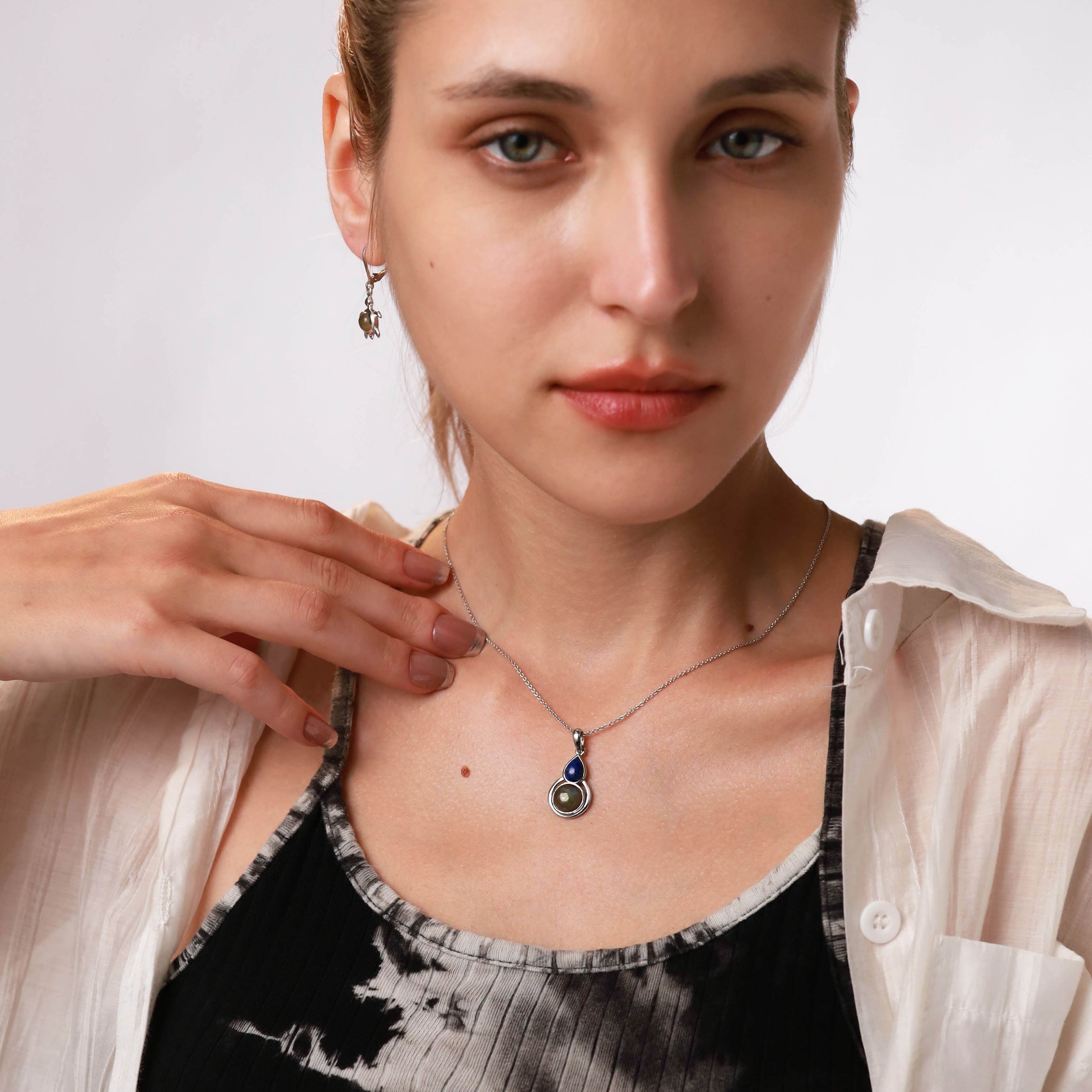 Natural Rainbow Moonstone 925 Sterling Silver Contemporary Geometric Pendant - Silvershake-store