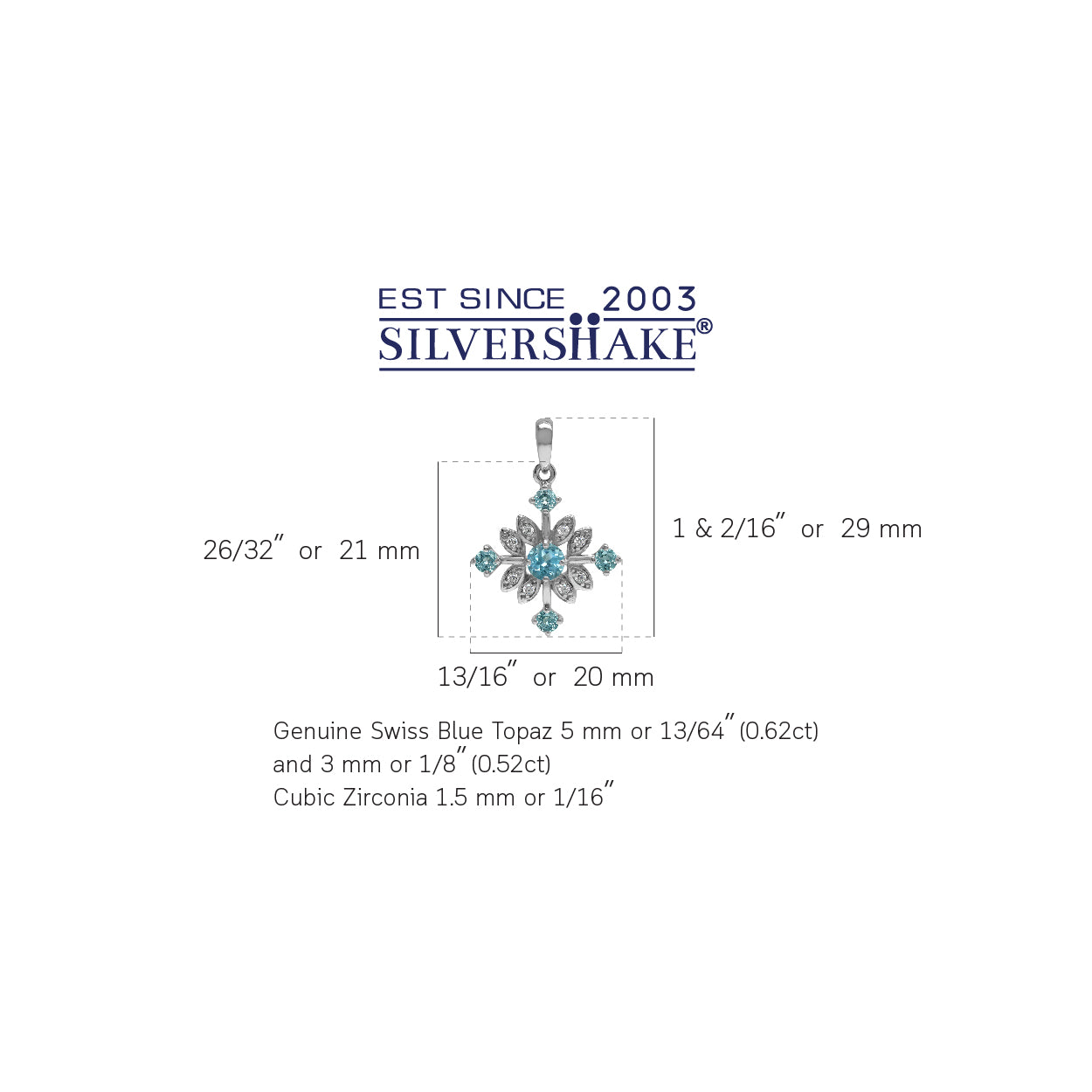 Genuine Swiss Blue Topaz 925 Sterling Silver Snowflake Pendant - Silvershake-store