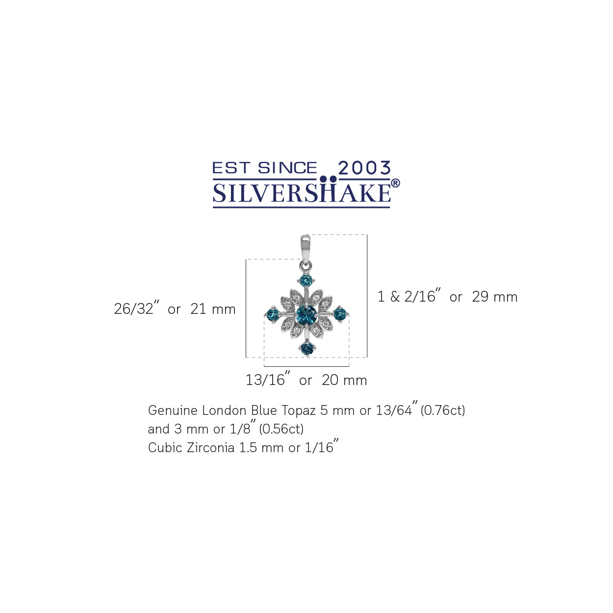 Genuine London Blue Topaz 925 Sterling Silver Snowflake Pendant - Silvershake-store