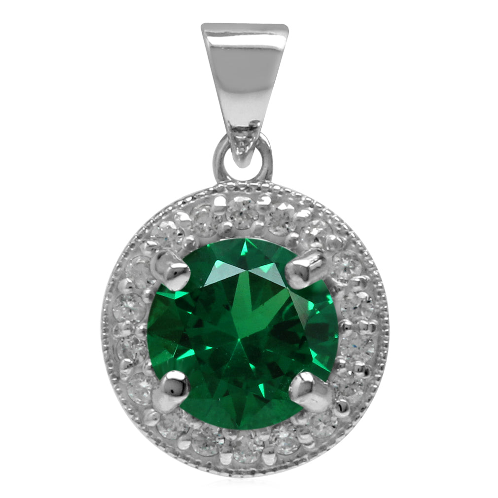 Silvershake Round 7 mm Nano Green Emerald 925 Sterling Silver Halo Pendant - Silvershake-store