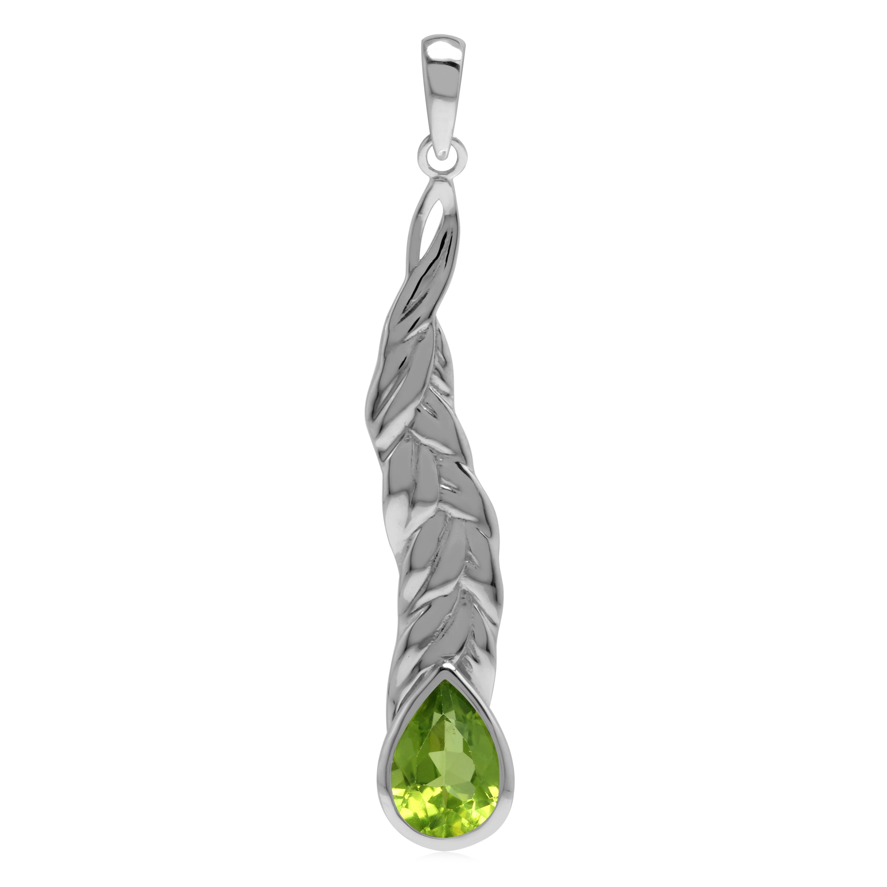 Silvershake Natural 10x7 mm Green Peridot Stone 925 Sterling Silver Long Leaf Stick Drop Pendant - Silvershake-store