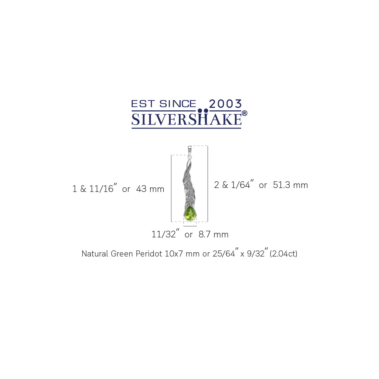 Silvershake Natural 10x7 mm Green Peridot Stone 925 Sterling Silver Long Leaf Stick Drop Pendant - Silvershake-store