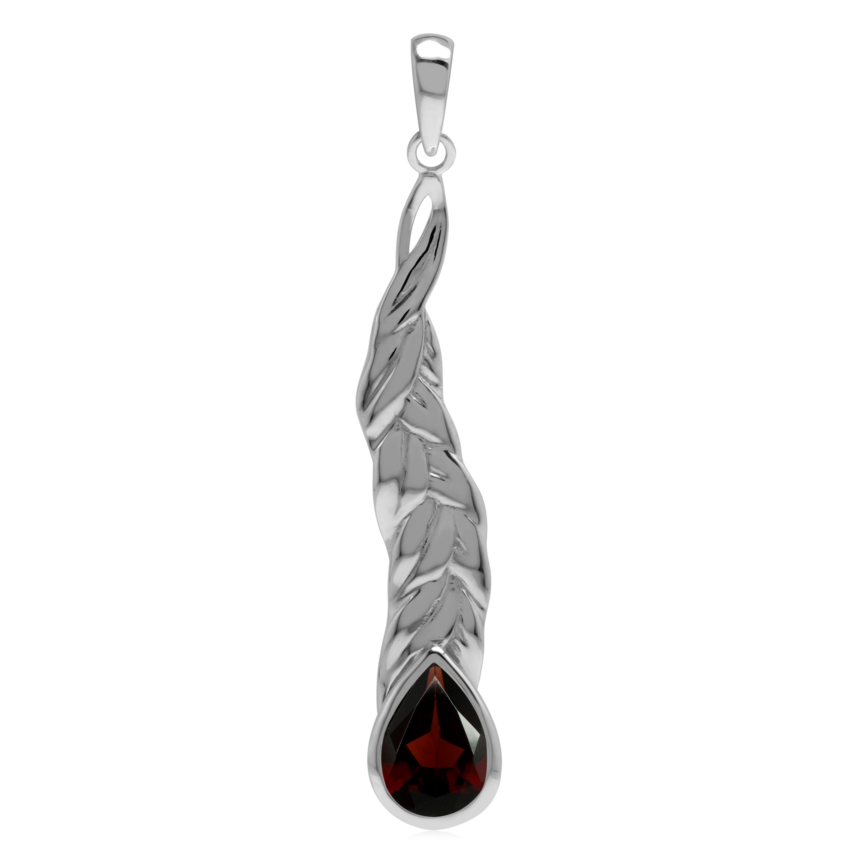 Silvershake Natural 10x7 mm Red Garnet Stone 925 Sterling Silver Long Leaf Stick Drop Pendant - Silvershake-store