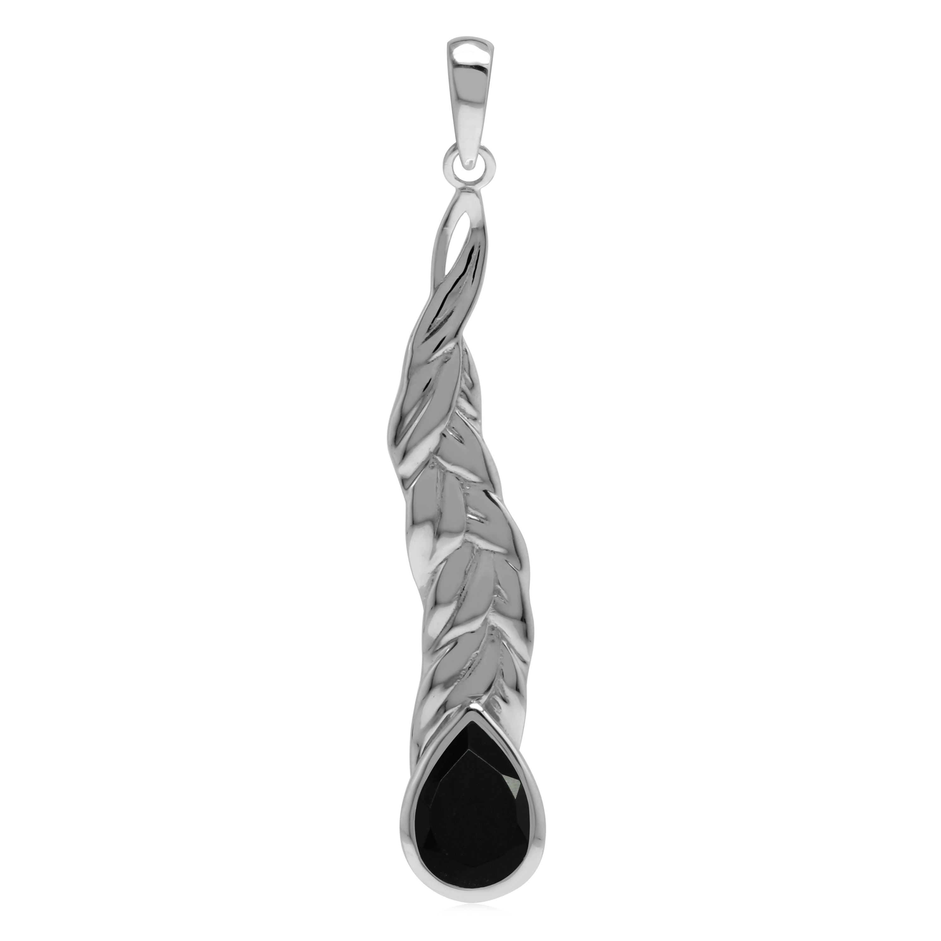 Silvershake Natural 10x7 mm Black Onyx Stone 925 Sterling Silver Long Leaf Stick Drop Pendant - Silvershake-store