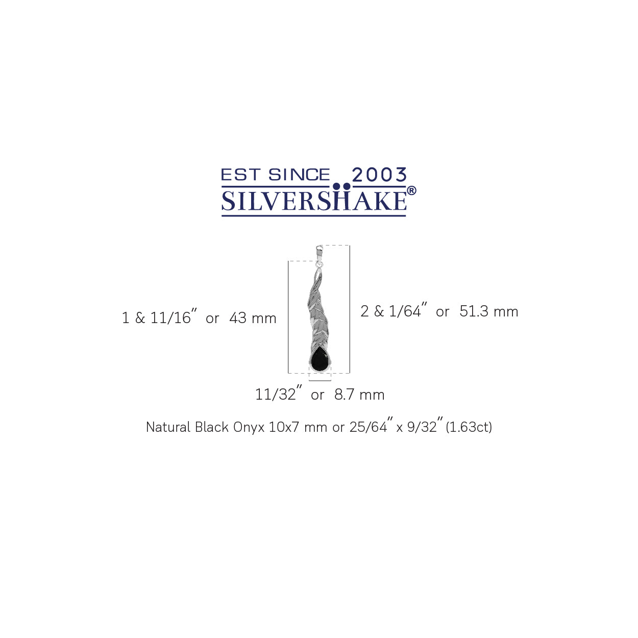 Silvershake Natural 10x7 mm Black Onyx Stone 925 Sterling Silver Long Leaf Stick Drop Pendant - Silvershake-store