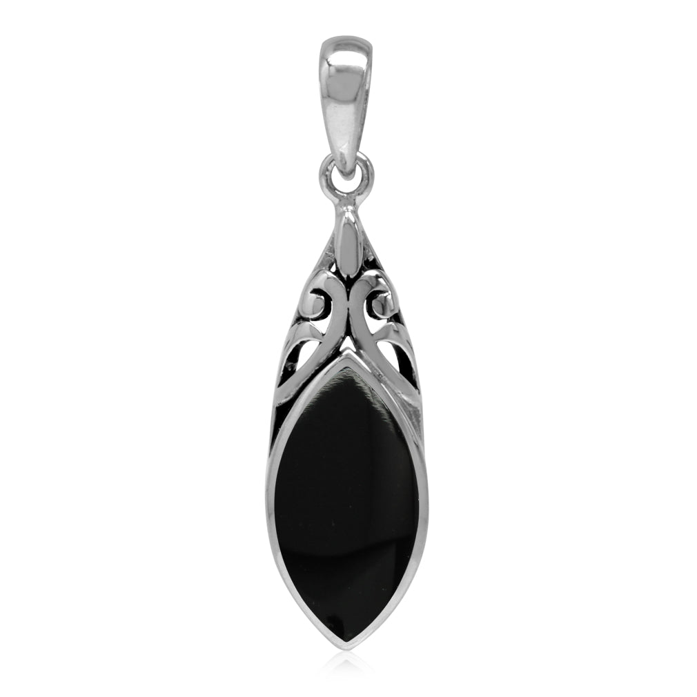 14x7MM Natural Marquise Shape Black Onyx 925 Sterling Silver Filigree Drop Pendant - Silvershake-store