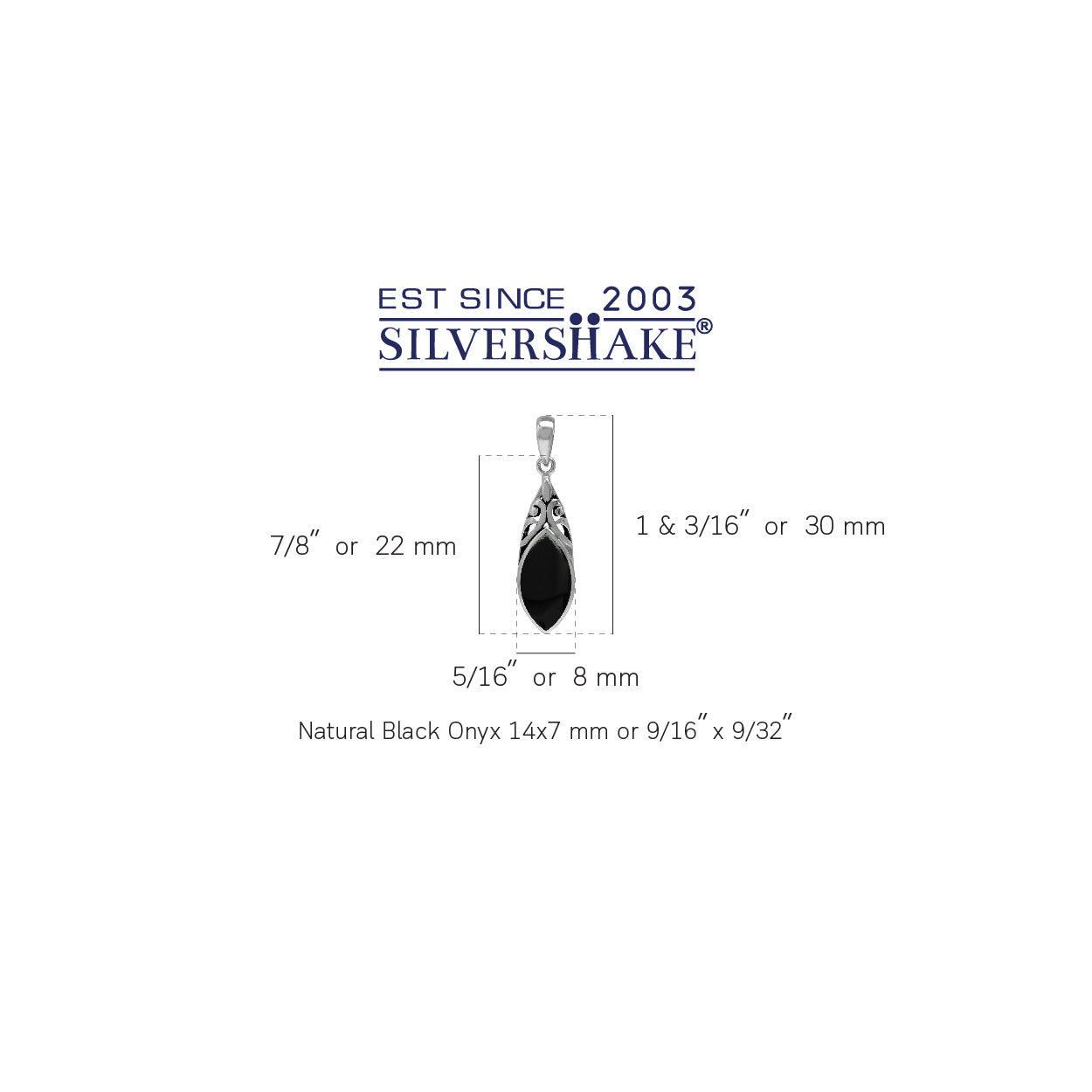 14x7MM Natural Marquise Shape Black Onyx 925 Sterling Silver Filigree Drop Pendant - Silvershake-store