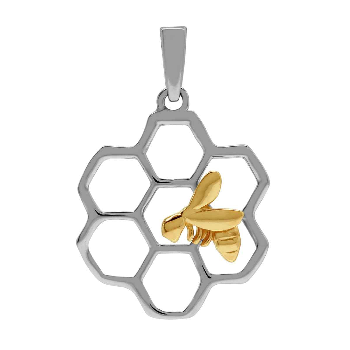 925 Sterling Silver Hexagon Honeycomb Beehive with 14K Yellow Gold Plated Honey Bee Pendant Jewelry for Women