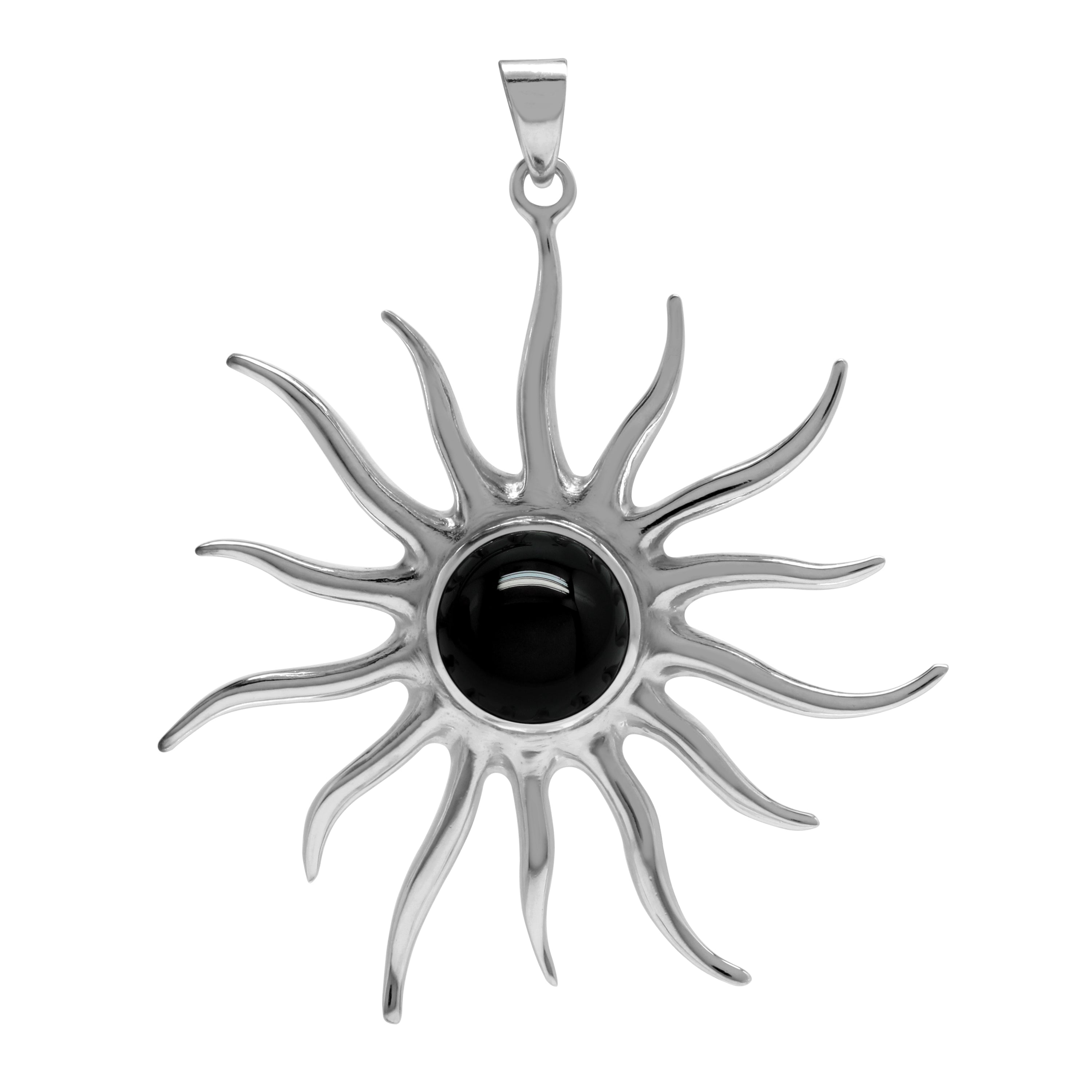 Silvershake Natural Black Onyx Stone White Gold Plated 925 Sterling Silver Sun Ray Inspired Pendant - Silvershake-store