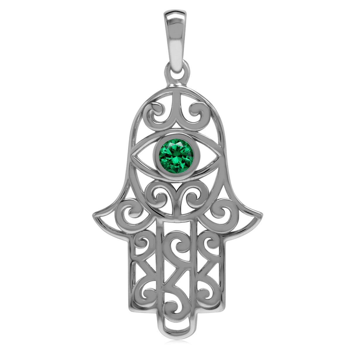 Created Nano Green Emerald 925 Sterling Silver Evil Eye On Hamsa Hand Pendant Charm Jewelry for Women - Silvershake-store
