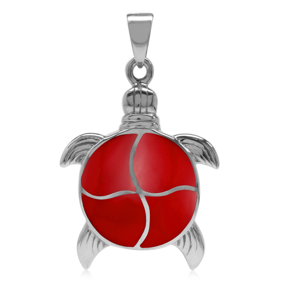 Silvershake Created Red Coral Inlay White Gold Plated 925 Sterling Silver Turtle Sealife Pendant - Silvershake-store