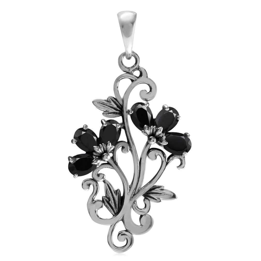 Silvershake Natural 1.86 CTW Black Onyx 925 Sterling Silver Flower and Leaf Victorian Style Gemstone Pendant - Silvershake-store