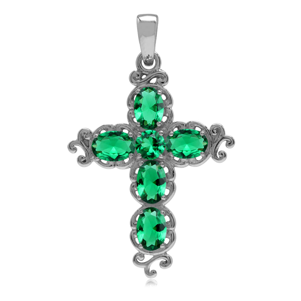 Silvershake Created Nano Green Emerald White Gold Plated 925 Sterling Silver Victorian Cross Pendant May Gemstone Birthstone - Silvershake-store