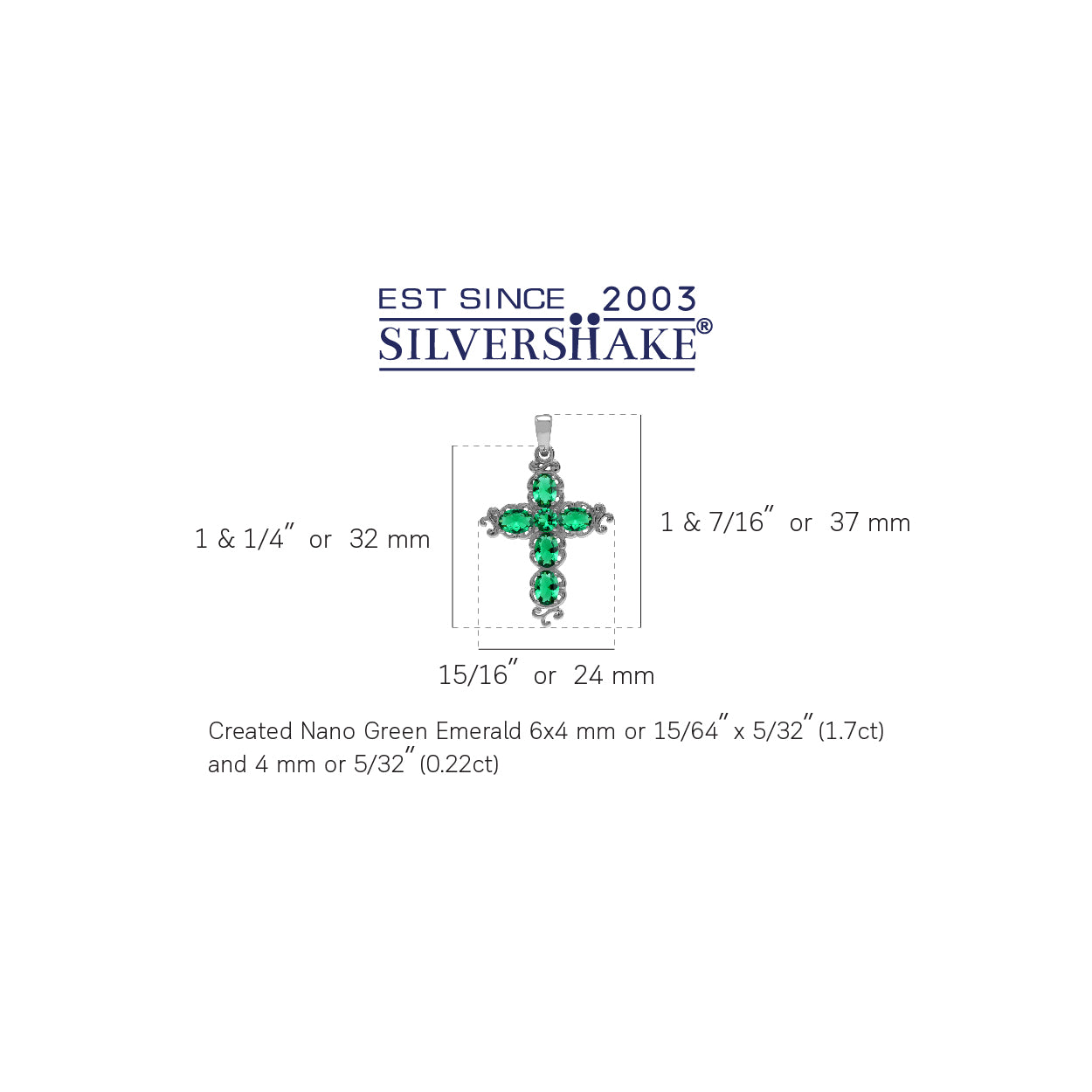 Silvershake Created Nano Green Emerald White Gold Plated 925 Sterling Silver Victorian Cross Pendant May Gemstone Birthstone - Silvershake-store
