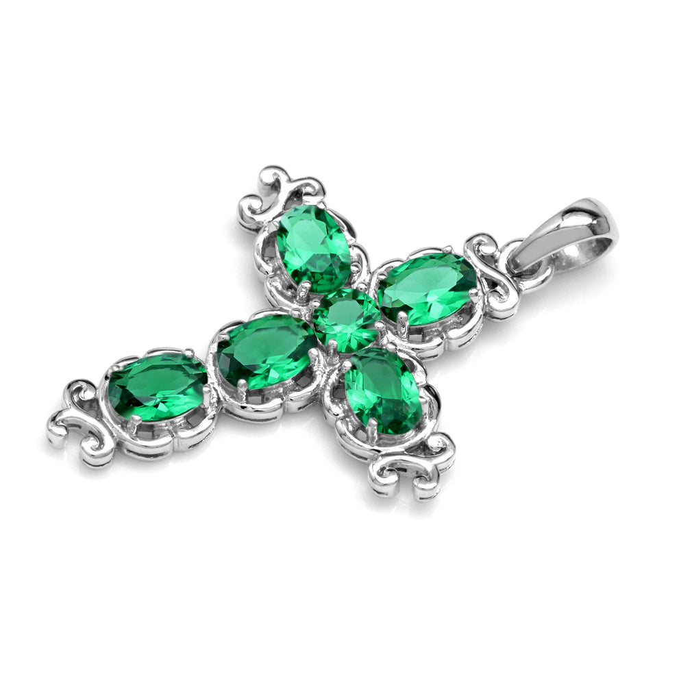 Silvershake Created Nano Green Emerald White Gold Plated 925 Sterling Silver Victorian Cross Pendant May Gemstone Birthstone - Silvershake-store