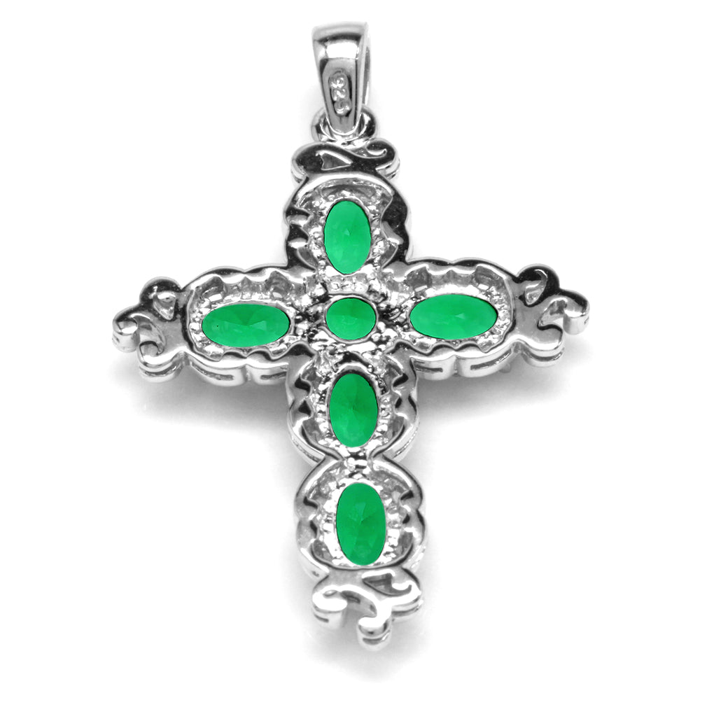 Silvershake Created Nano Green Emerald White Gold Plated 925 Sterling Silver Victorian Cross Pendant May Gemstone Birthstone - Silvershake-store