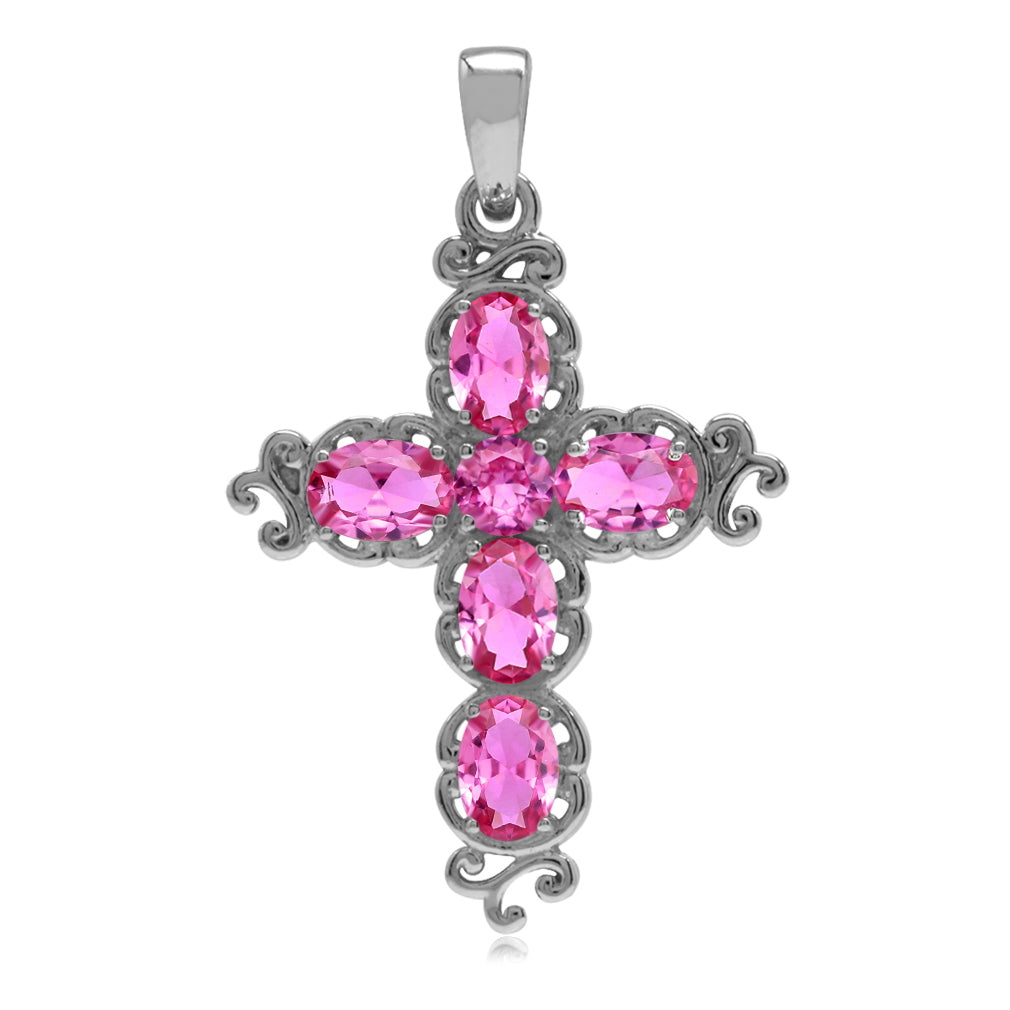 Silvershake Created Pink Tourmaline White Gold Plated 925 Sterling Silver Victorian Cross Pendant October Gemstone Birthstone - Silvershake-store