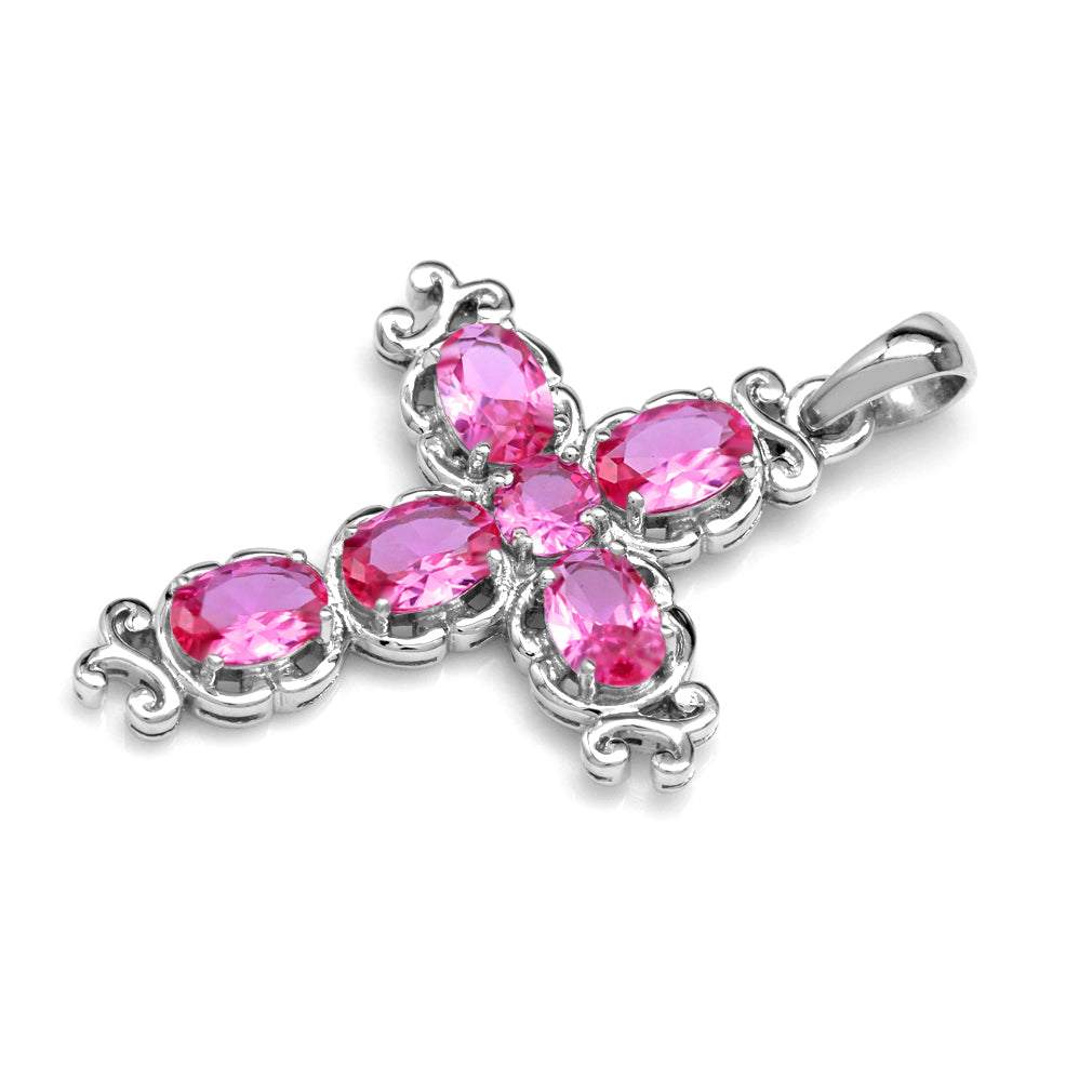 Silvershake Created Pink Tourmaline White Gold Plated 925 Sterling Silver Victorian Cross Pendant October Gemstone Birthstone - Silvershake-store