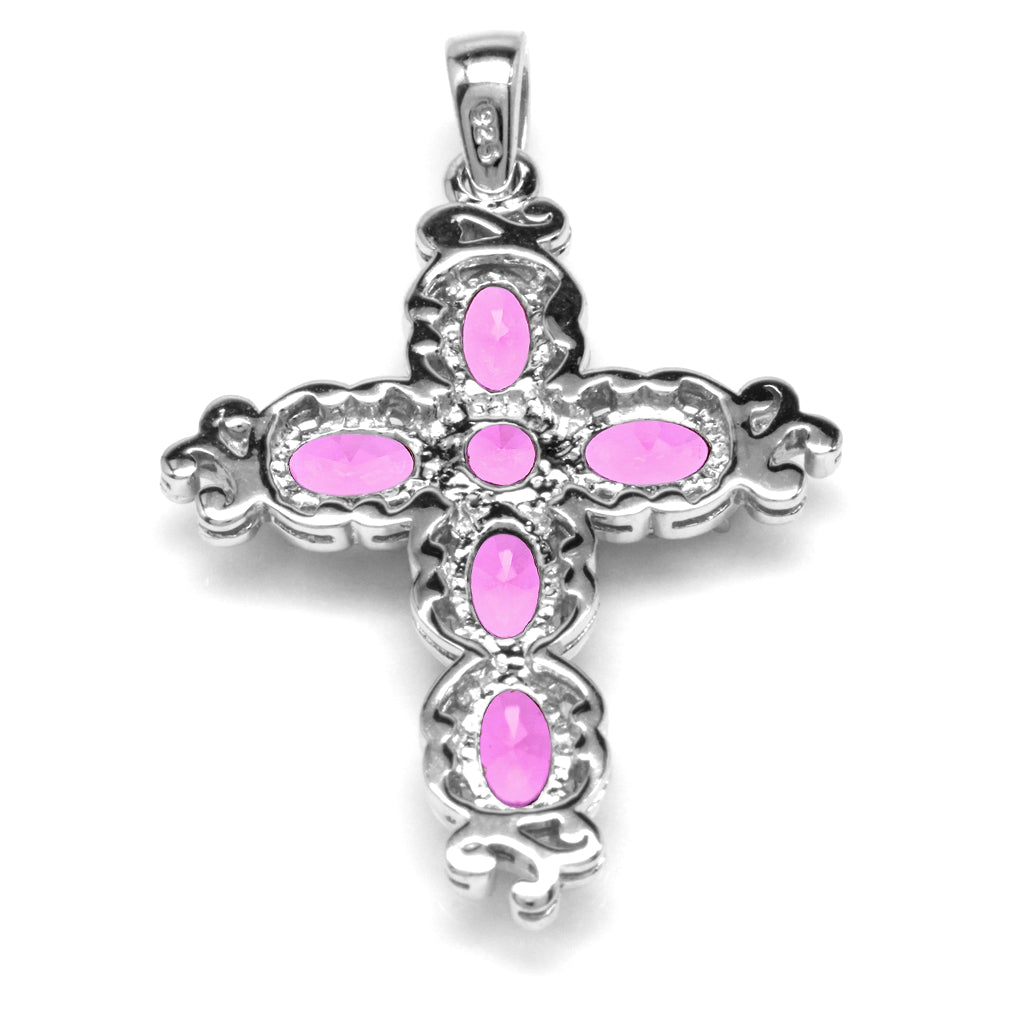 Silvershake Created Pink Tourmaline White Gold Plated 925 Sterling Silver Victorian Cross Pendant October Gemstone Birthstone - Silvershake-store