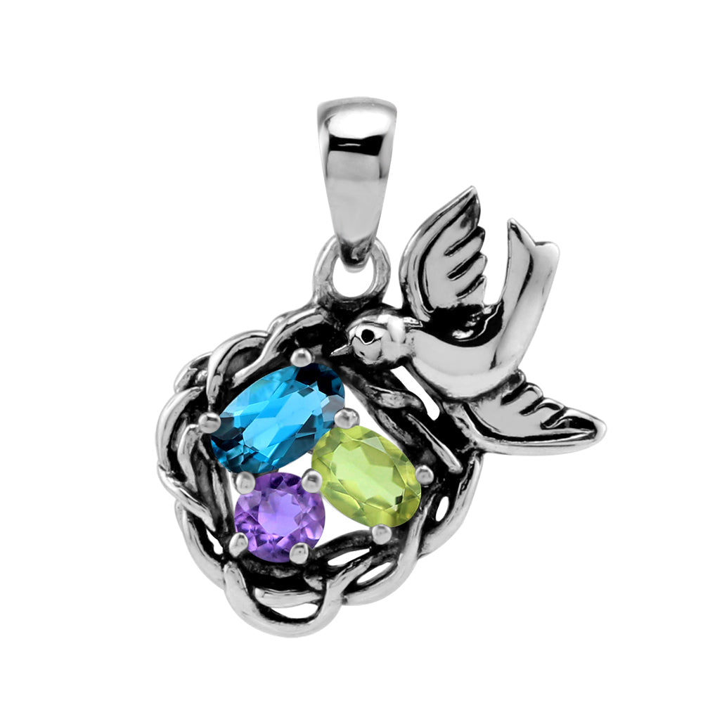 Silvershake Genuine London Blue Topaz, Green Peridot and Purple African Amethyst 925 Sterling Silver Bird Nest Gemstone Pendant February August December Family Birthstone Jewelry - Silvershake-store