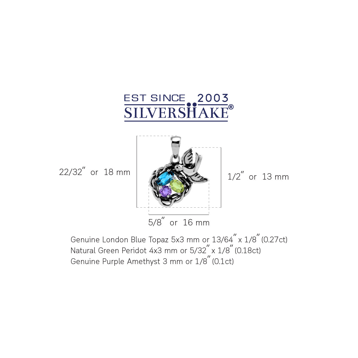 Silvershake Genuine London Blue Topaz, Green Peridot and Purple African Amethyst 925 Sterling Silver Bird Nest Gemstone Pendant February August December Family Birthstone Jewelry - Silvershake-store