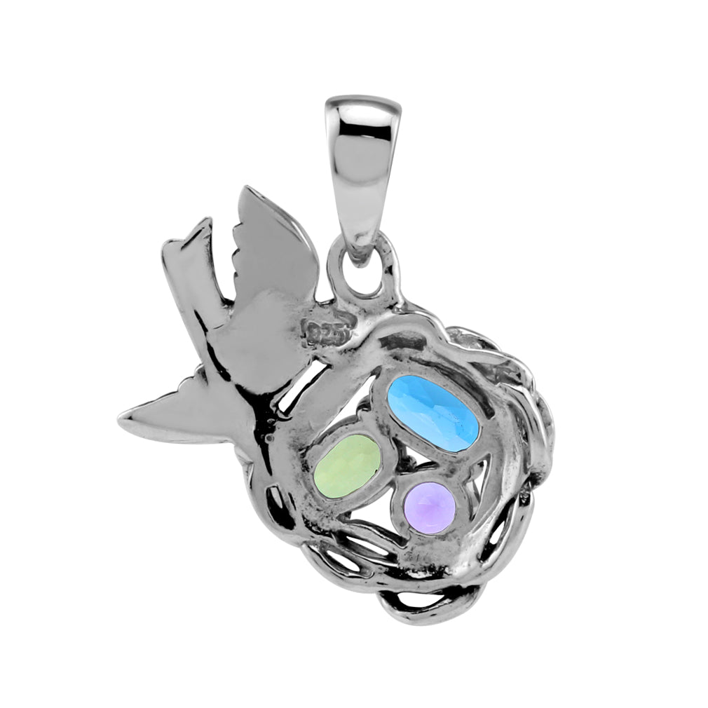 Silvershake Genuine London Blue Topaz, Green Peridot and Purple African Amethyst 925 Sterling Silver Bird Nest Gemstone Pendant February August December Family Birthstone Jewelry - Silvershake-store
