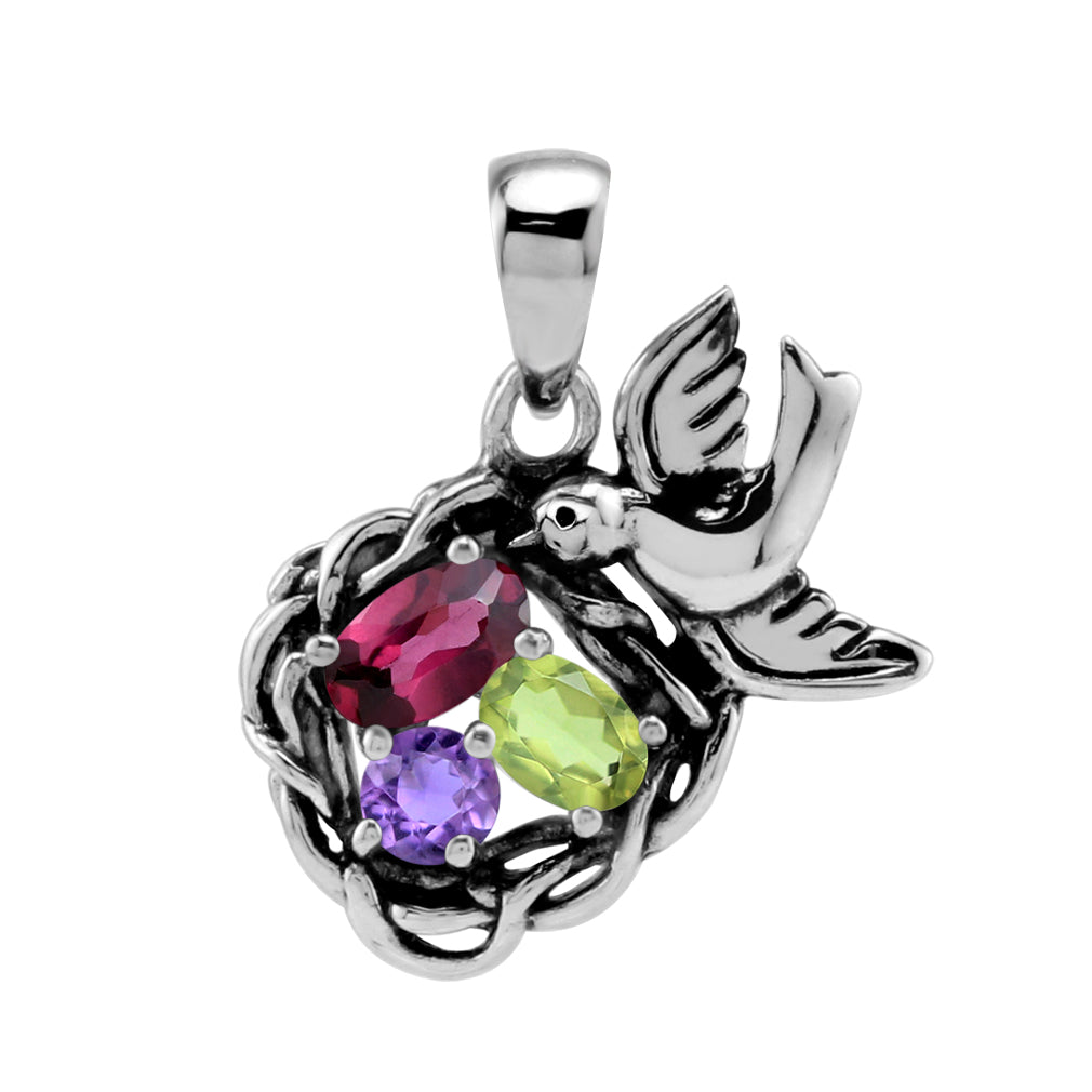 Silvershake Natural Rhodolite Garnet, Green Peridot and Purple Amethyst 925 Sterling Silver Bird Nest Gemstone Pendant February August Family Birthstone Jewelry - Silvershake-store