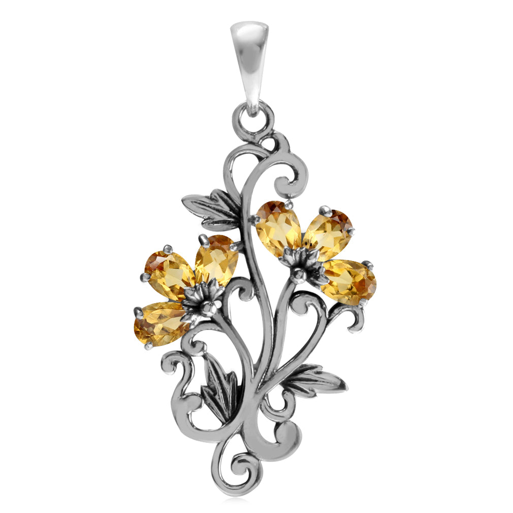 Silvershake 1.2 CTW Genuine Yellow Citrine 925 Sterling Silver Flower and Leaf Victorian Style Pendant November Gemstone Birthstone - Silvershake-store