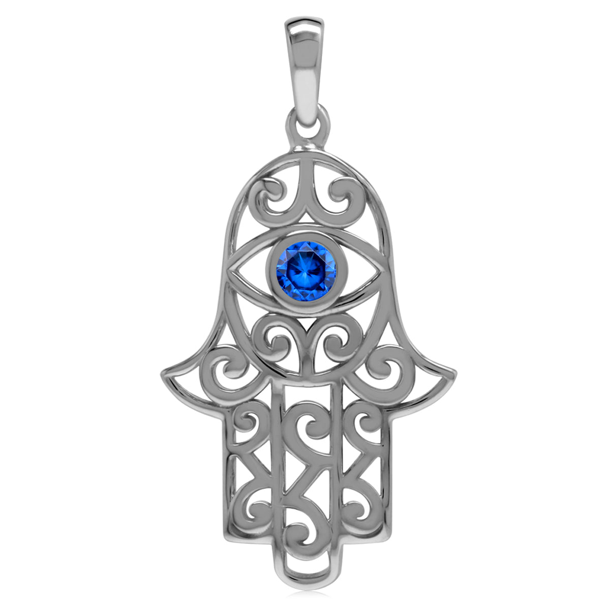 Created Blue Sapphire 925 Sterling Silver Evil Eye On Hamsa Hand Pendant September Gemstone Birthstone - Silvershake-store