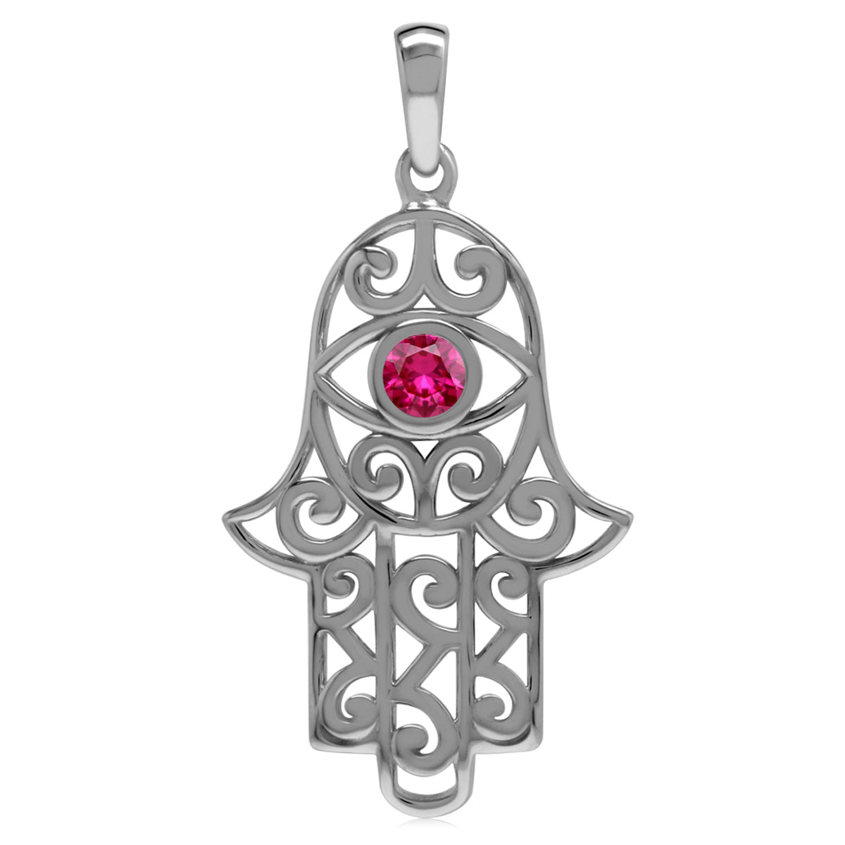 Simulated Red Ruby 925 Sterling Silver Evil Eye On Hamsa Hand Pendant July Gemstone Birthstone - Silvershake-store