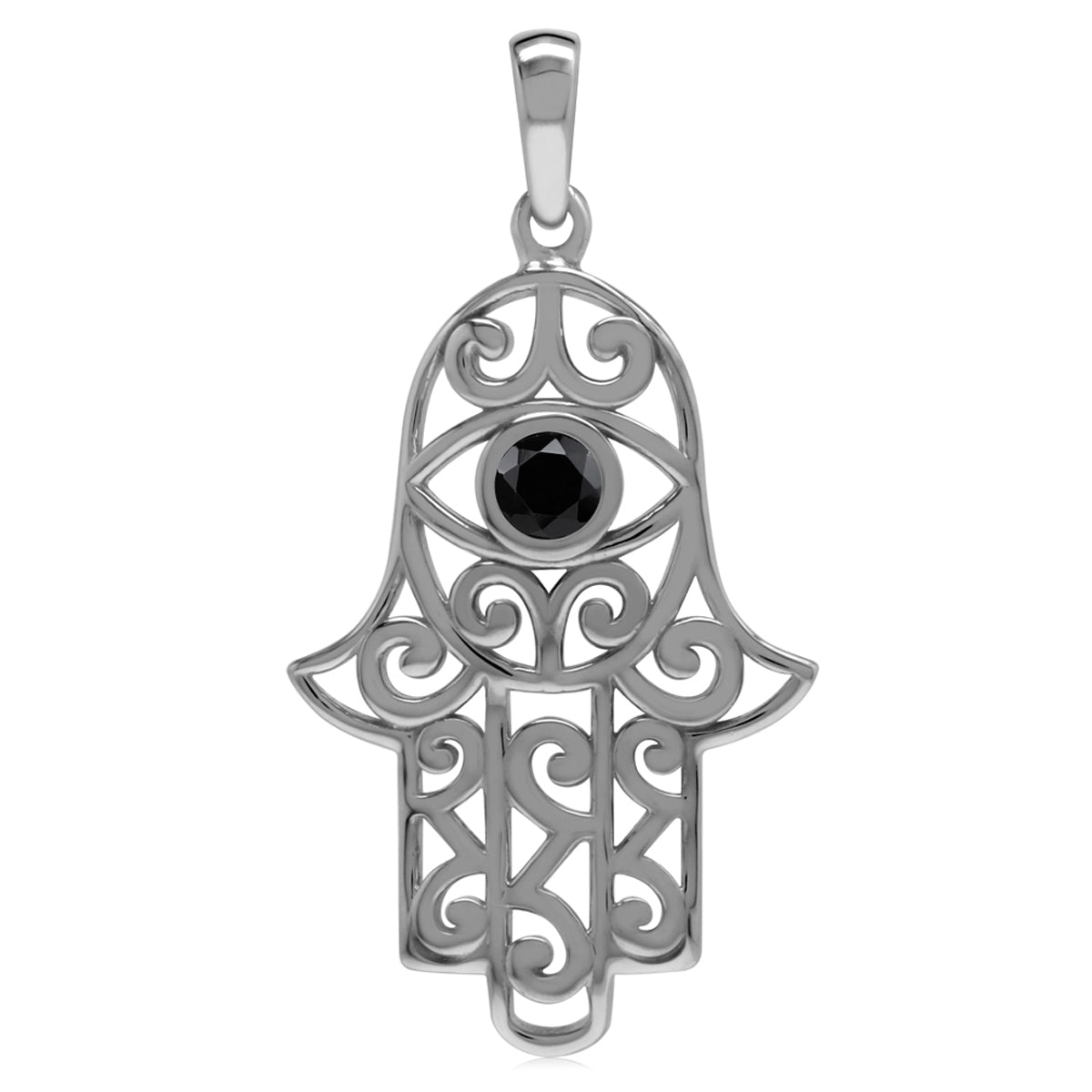 Natural Black Onyx 925 Sterling Silver Evil Eye On Hamsa Hand Gemstone Pendant - Silvershake-store