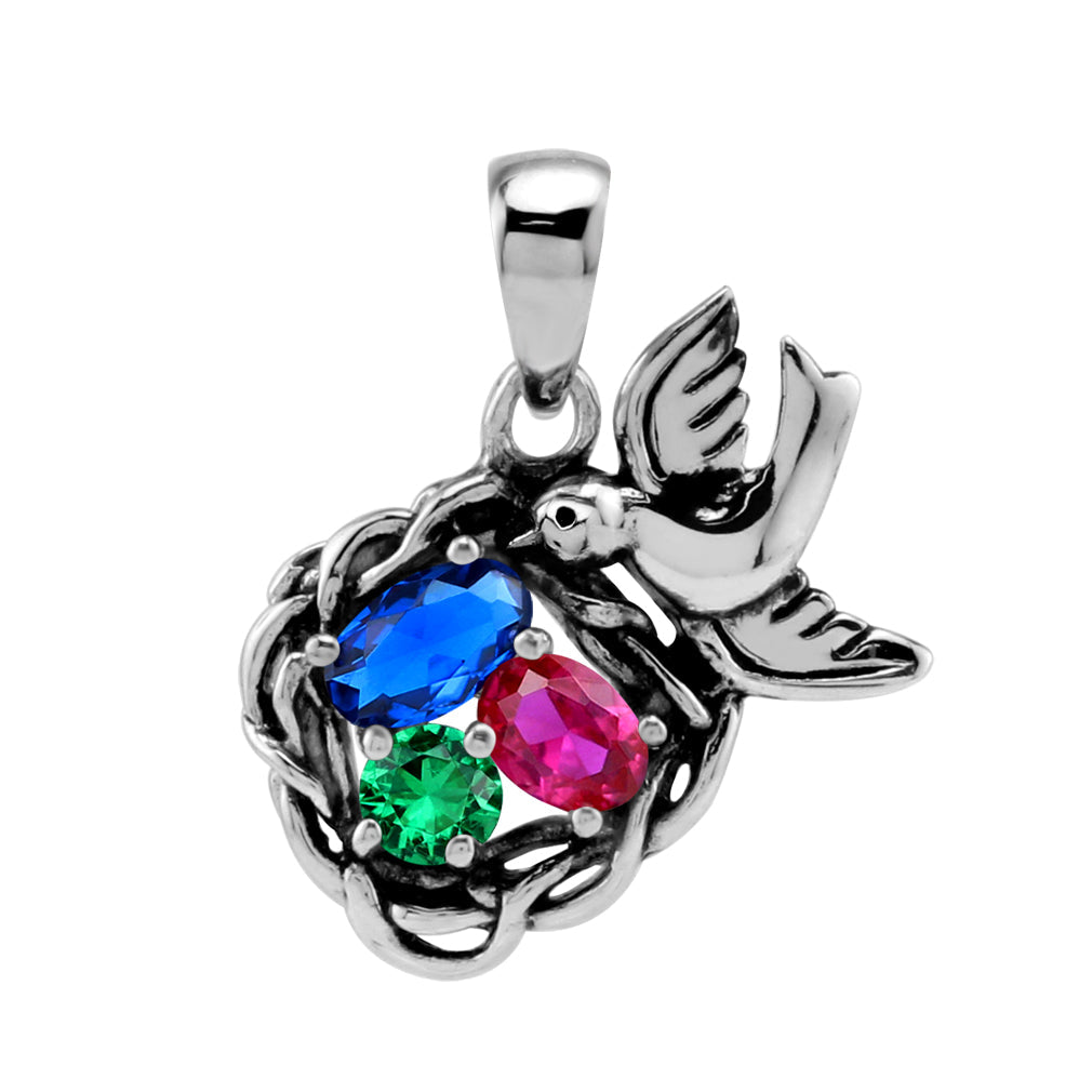 Silvershake Created Blue Sapphire, Nano Green Emerald and Simulated Red Ruby 925 Sterling Silver Bird Nest Gemstone Pendant May July September Family Birthstone Jewelry - Silvershake-store