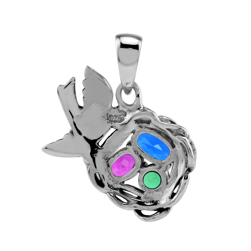 Silvershake Created Blue Sapphire, Nano Green Emerald and Simulated Red Ruby 925 Sterling Silver Bird Nest Gemstone Pendant May July September Family Birthstone Jewelry - Silvershake-store