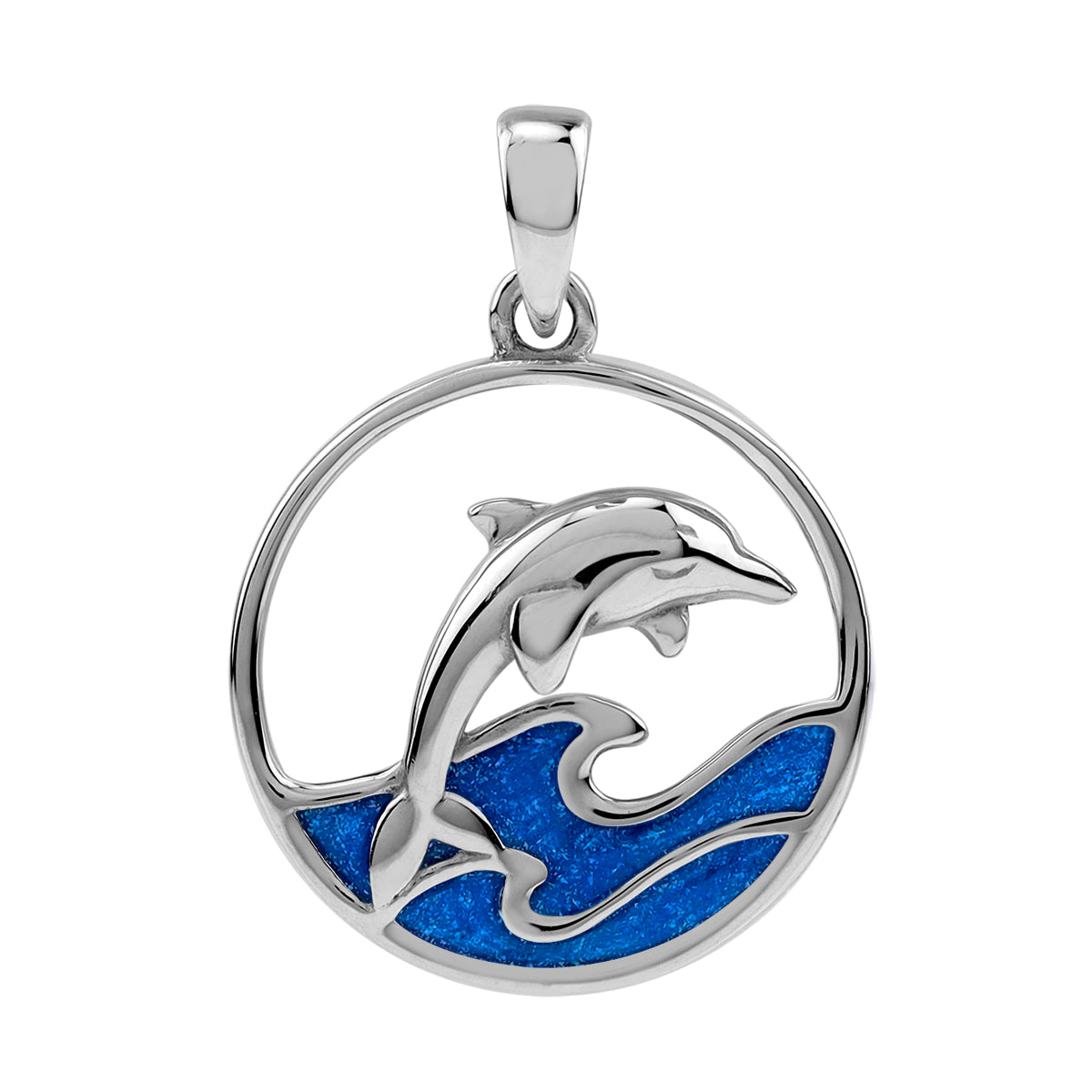 Silvershake Navy Blue Enamel 925 Sterling Silver Jumping Breaching Dolphin Sealife Animal Circle Pendant Jewelry for Women Divers Surfers White Gold Plated - Silvershake-store